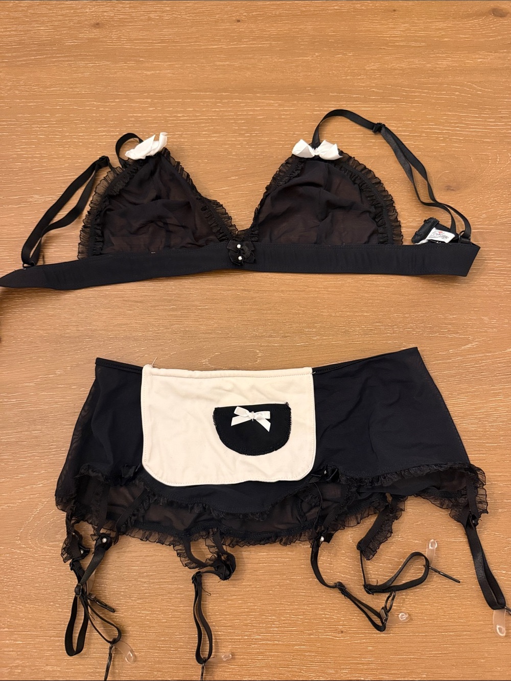 Foreplay french maid Black & White Lace Bralette and Garter Skirt Set